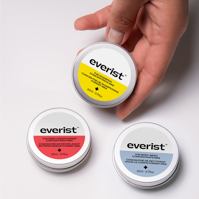 A hand holds a tin of Everists The Shower Essentials Travel Kit, featuring The Shampoo Concentrate Mini (yellow), Deep Conditioning Concentrate Mini (red), and Body Wash Concentrate Mini (blue) from Everist.