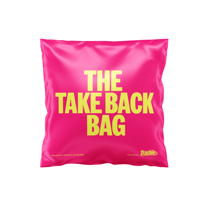 Trashies bright pink square bag, The Take Back Bag, featuring bold yellow text, handles unwanted clothing. A small Powered by Trashie® logo in the corner shows its eco-friendly intent. It shines with a reflective finish akin to earning TrashieCash™!.