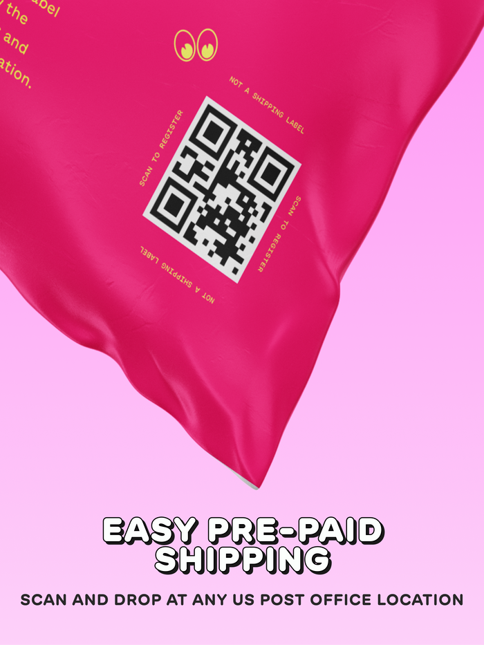 This image shows a red poly mailer bag with a QR code in the center. Above the QR code are two yellow shipping instructions. The bottom text reads, "Easy Pre-Paid Shipping. Scan and drop at any US Post Office location" against a pink background.