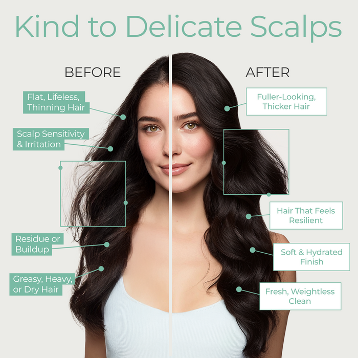 Split image of a woman with long dark hair: left side shows flat, dull hair; right side, after using Tree To Tub Volumizing Caffeine & Biotin Shampoo and Conditioner, reveals fuller, shinier, healthier-looking hair.
