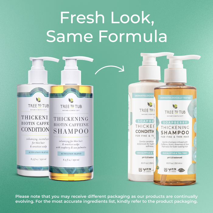 On the left, two Tree To Tub Volumizing Caffeine & Biotin Shampoo and Conditioner bottles feature a fresh look; on the right, two previous designs. Text: “Fresh Look, Same Formula” appears on a green gradient background with an arrow from left to right.