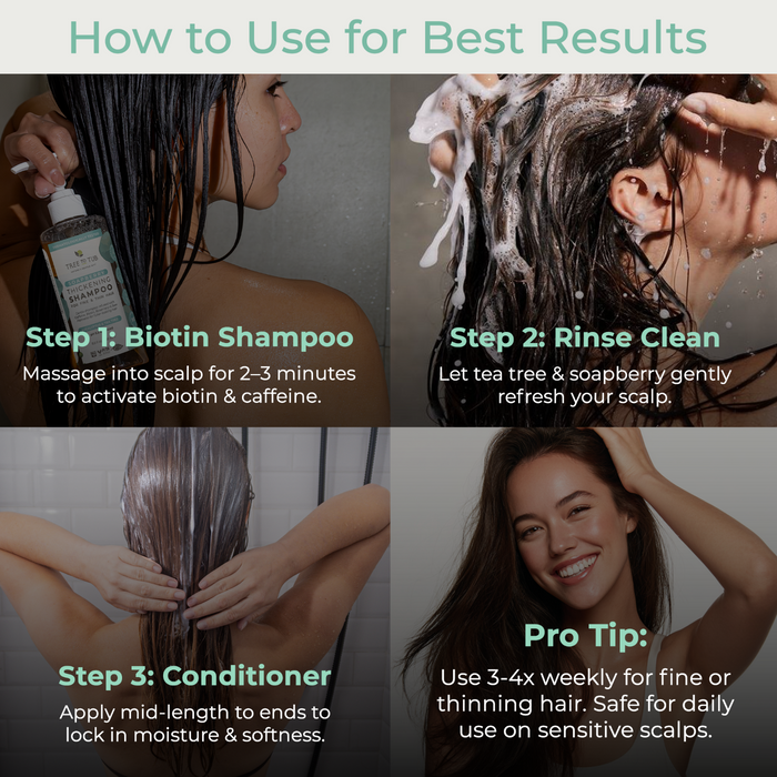Tree To Tub’s four-step hair care guide: Step 1, massage Volumizing Caffeine & Biotin Shampoo and Conditioner for Fuller, Thicker Hair into scalp; Step 2, rinse; Step 3, reapply conditioner; Pro Tip: use weekly for fine or thinning hair.