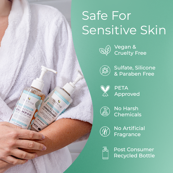 A person in a white robe holds Tree To Tub Volumizing Caffeine & Biotin Shampoo and Conditioner for Fuller, Thicker Hair. Text notes it's vegan, cruelty-free, safe for sensitive skin, free of harsh chemicals, and uses recycled bottles.