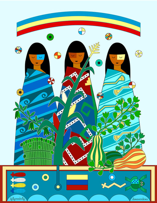Known as the "Three Sisters", these crops are grown together to benefit each other. Beans planted at the base of the corn stalk provide support to their vines as they rise upward to the sun. Squash plants grow close to the ground protecting soil with broad spiny leaves. Together these plants thrive and provide a balanced food source to the people. Three spirits symbolizing Beans, Corn, and Squash stand behind the plants. Bean Maiden wraps herself in a blanket bearing water symbols. A bundle of bean sprouts