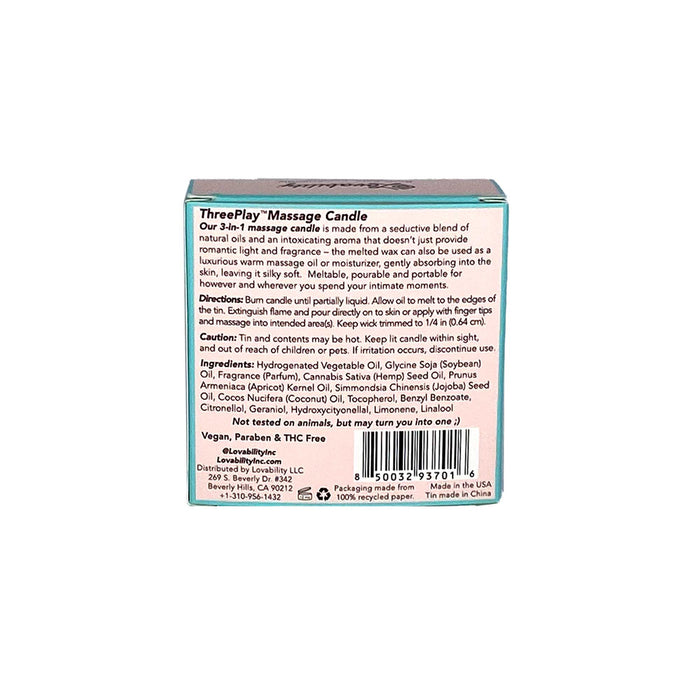 The image shows the back of the ThreePlay Massage Candle box by Lovability, highlighting its 3-in-1 design, offering sensual massage oil and ultra-hydrating moisturizer. Its vegan, paraben-free, THC-free, and made in the USA. The box includes instructions and ingredients.