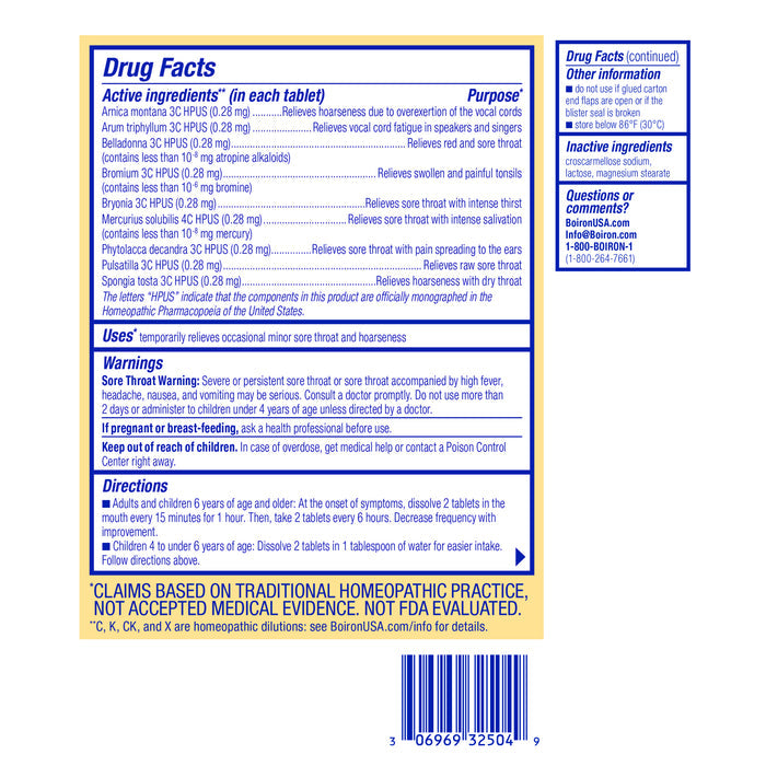 The back of the Boiron ThroatCalm package shows drug facts with active ingredients for sore throat relief and hoarseness treatment. It includes warnings, directions, manufacturer details, and a disclaimer noting claims are based on traditional homeopathic practice.