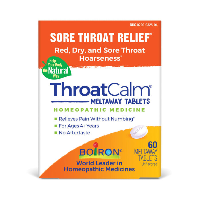 The Boiron ThroatCalm Meltaway Tablets box displays Homeopathic Tablets for soothing sore throats. It addresses redness, dryness, hoarseness, and soreness. Suitable for ages 4+, it contains 60 tablets.