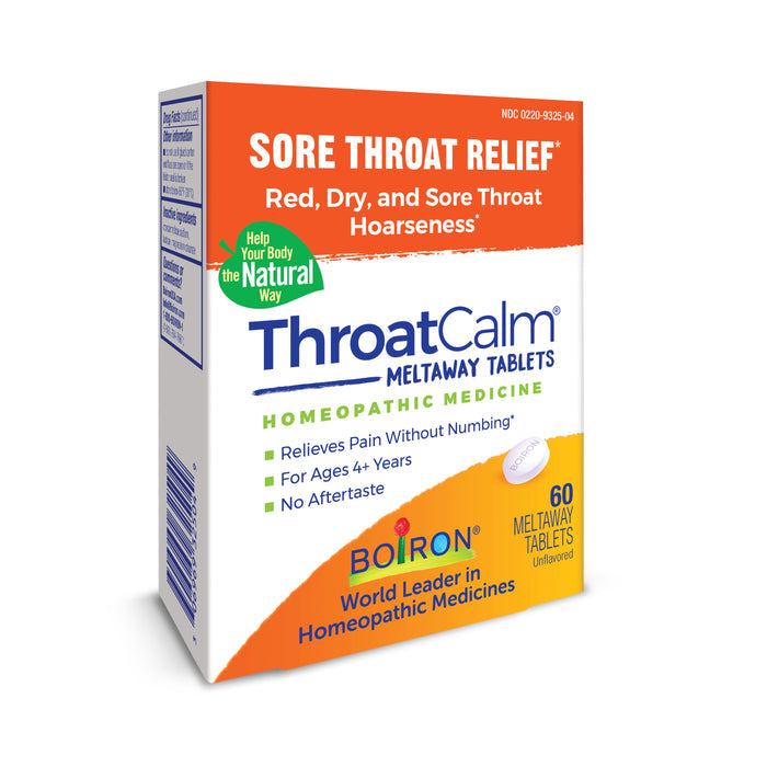Boirons ThroatCalm offers 60 homeopathic meltaway tablets for sore throat relief. Suitable for ages 4+, it features no numbing or aftertaste. The product is ideal for hoarseness and sports a noticeable orange label.