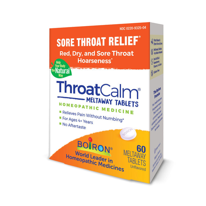 Boirons ThroatCalm provides sore throat and hoarseness relief for ages 4+. The package is white with blue and orange text, highlighting homeopathic medicine. Includes 60 unflavored meltaway tablets.