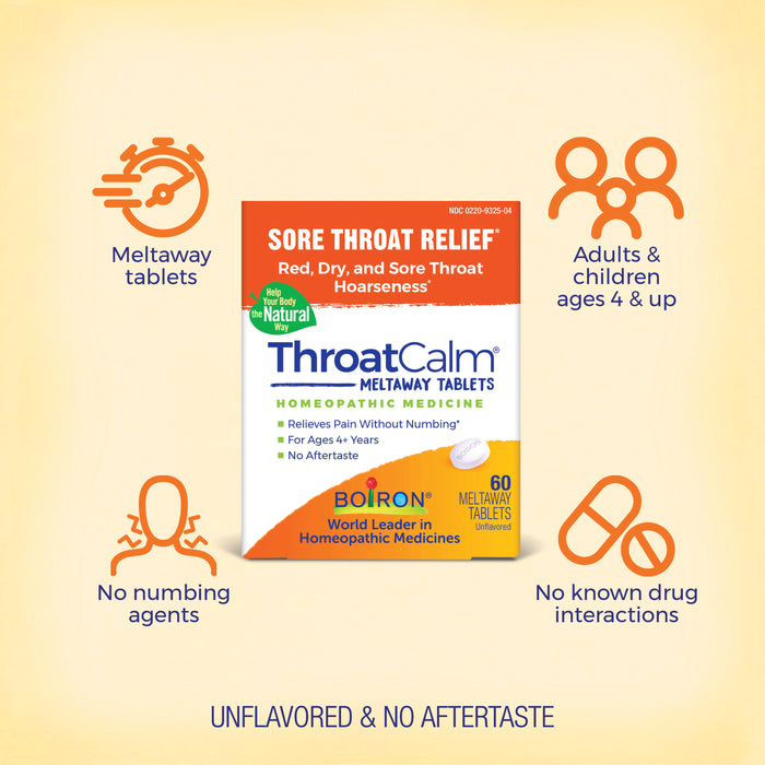 Image of a box of ThroatCalm Meltaway Tablets by Boiron with the text "Sore Throat Relief, Red, Dry, and Sore Throat Hoarseness." It highlights the benefits: no numbing agents, suitable for adults/children 4+, no known drug interactions, unflavored, and no aftertaste.
