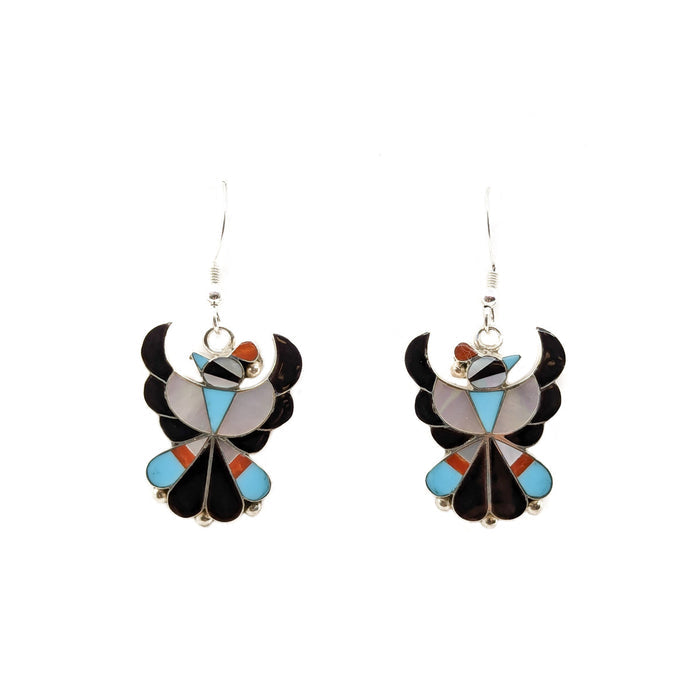 pair of thnderbird shaped earrings by Breon Wallace - Jet, Tuquoise, coral and shell inlay, on french hooks