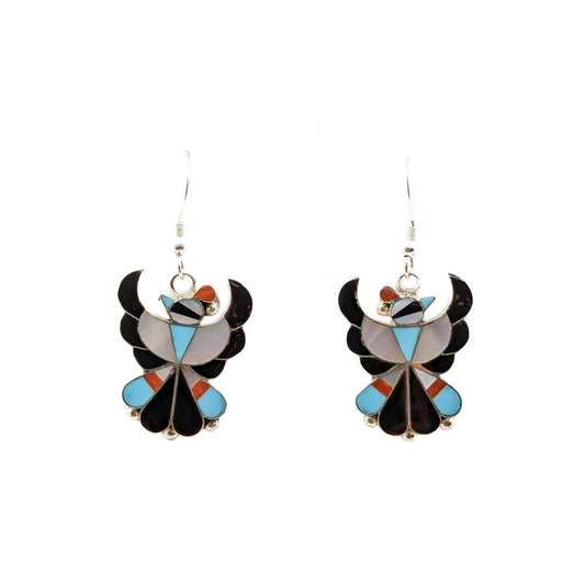 pair of thnderbird shaped earrings by Breon Wallace - Jet, Tuquoise, coral and shell inlay, on french hooks
