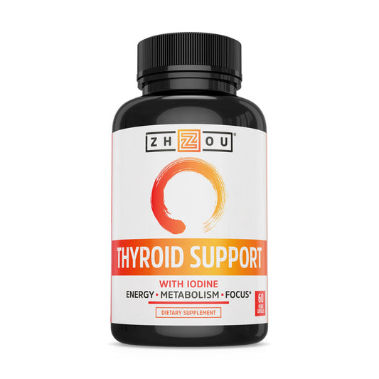 The sleek black bottle of Thyroid Support by Zhou Nutrition, featuring an orange and white label, emphasizes benefits like iodine for thyroid hormones, energy boost, metabolism enhancement, and improved focus. Each bottle contains 60 capsules to aid in supporting your well-being.