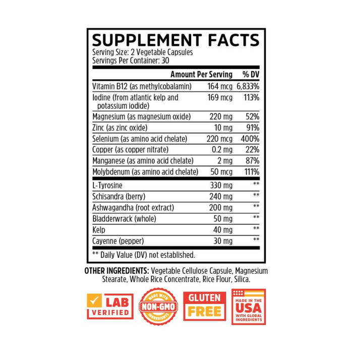 The Thyroid Support supplement by Zhou Nutrition contains Vitamin B12, Iodine, Zinc, Selenium, and more for thyroid health and energy. It is lab-tested, non-GMO, gluten-free, and made in the USA.