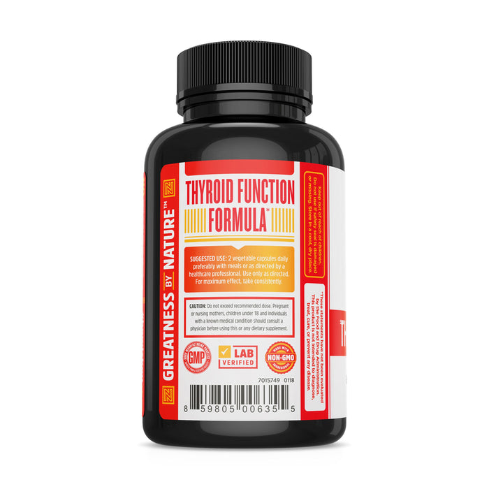 A sleek black bottle of Zhou Nutritions Thyroid Support supplement features a vibrant yellow and red label. It supports thyroid function, offers usage and caution details, is GMP certified, lab verified, non-GMO, and formulated to enhance energy levels.