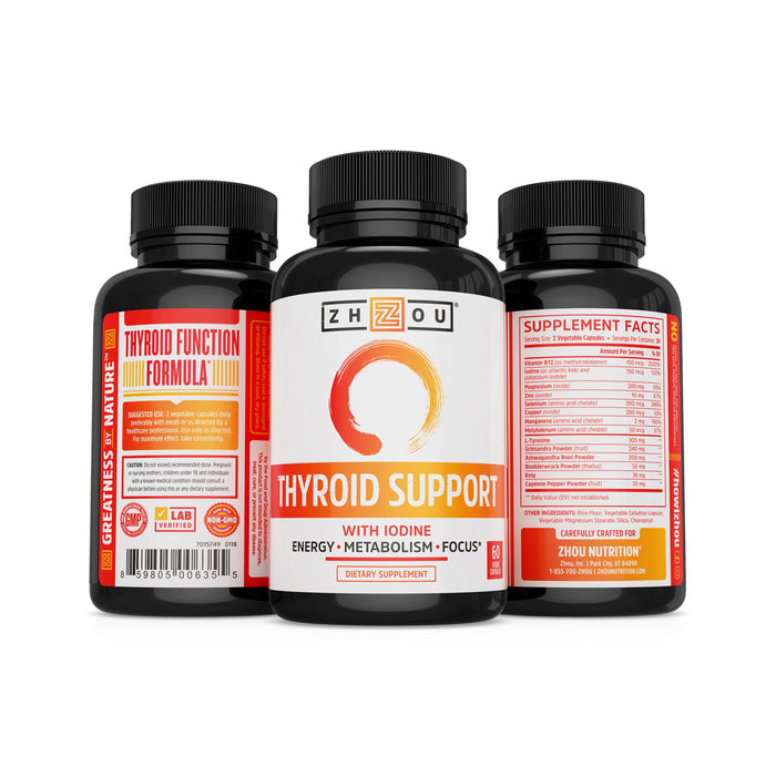 Three black bottles of Zhou Nutritions Thyroid Support supplements, each with labels. The front bottle emphasizes Thyroid Support with Iodine for energy enhancement, while the side bottles present supplement facts and brand details.