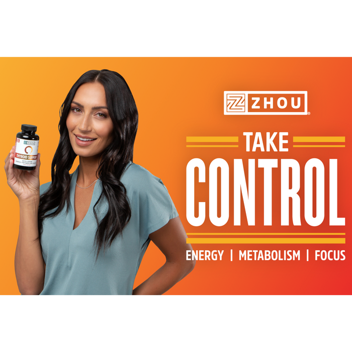 A woman with long dark hair holds a bottle of supplements against an orange background. The text reads: "Zhou Take Control - Energy | Metabolism | Focus.