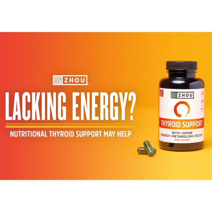 A bottle of Zhou Thyroid Support supplements is displayed on a gradient orange background. Two capsules lie beside the bottle. Text reads, "Lacking Energy? Nutritional Thyroid Support May Help.