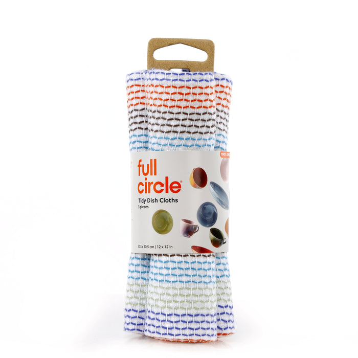 The Full Circle Tidy Dish Cloths 3pk features eco-friendly white cloths with green, blue, and orange stripes in branded packaging, displaying colorful dishes on the label.