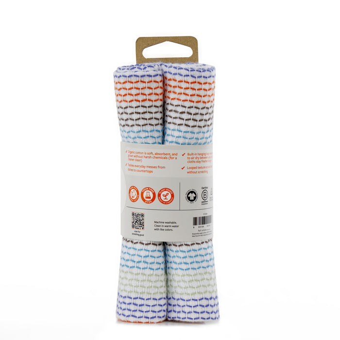 A set of three Full Circle Tidy Dish Cloths, featuring a rolled waffle texture and colorful stripes, comes wrapped in a labeled sleeve with eco-friendly features and care instructions.