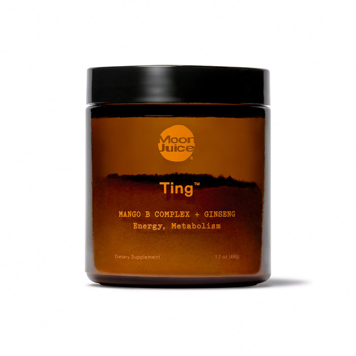 A brown cylindrical jar with a black lid from Moon Juice named Ting contains 1.7 oz (48g) of Mango B Complex + Ginseng for Energy & Metabolism, featuring adaptogenic ginseng to boost vitality.