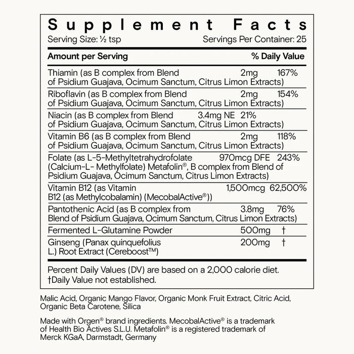 Explore the Supplement Facts label of Ting - Mango B Complex + Ginseng for Energy & Metabolism from Moon Juice, highlighting essential daily values of Thiamin, Riboflavin, Niacin, and Vitamin B6, complemented by an adaptogenic ginseng blend with detailed footnotes.