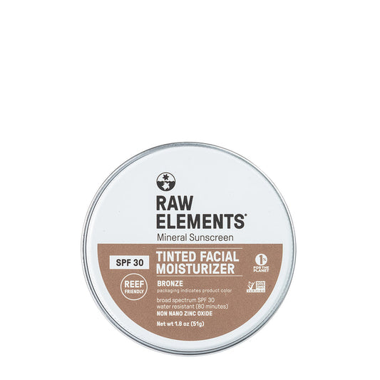 The Raw Elements Tinted Tin Bronze is a reef-friendly SPF 30 mineral sunscreen and facial moisturizer in a recyclable tin. It features non-nano zinc oxide, natural ingredients, and bronze packaging to reflect its color. Net weight: 1.8 oz (51g).
