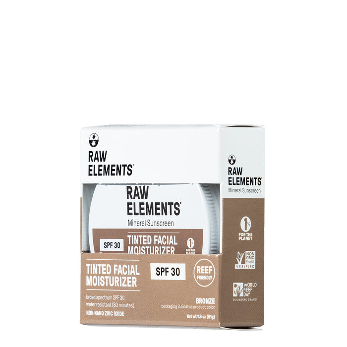 The Tinted Tin Bronze by Raw Elements is packaged in a box featuring eco-friendly and non-GMO labels. This broad spectrum, reef-friendly tinted facial moisturizer contains ultra-moisturizing, natural ingredients with non-nano zinc oxide.