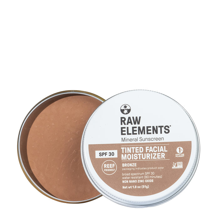 The Raw Elements Tinted Tin Bronze facial moisturizer, SPF 30, features natural ingredients in a bronze-colored, ultra-moisturizing formula. Its reef-friendly, water-resistant for 80 minutes, and comes in a recyclable tin.