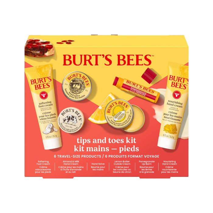 A yellow and red Burts Bees Tips & Toes Set box contains six travel-size skin care products, including Pomegranate Lip Balm. The box features images and names of each product inside.