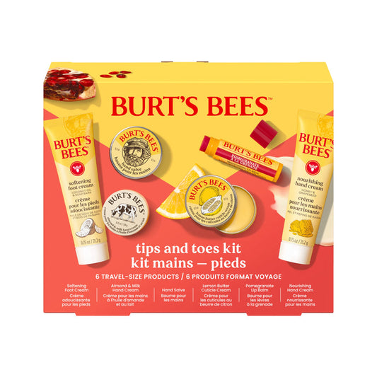 A yellow and red Burts Bees Tips & Toes Set box contains six travel-size skin care products, including Pomegranate Lip Balm. The box features images and names of each product inside.
