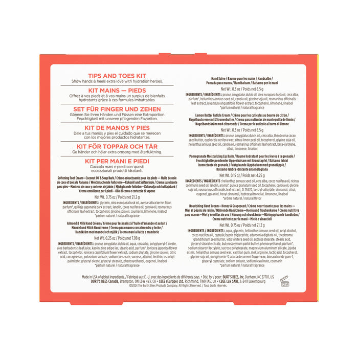The back of a Burts Bees Tips & Toes Set box features directions and ingredients—including Pomegranate Lip Balm—in several languages, with black text on a white background bordered in red and yellow.