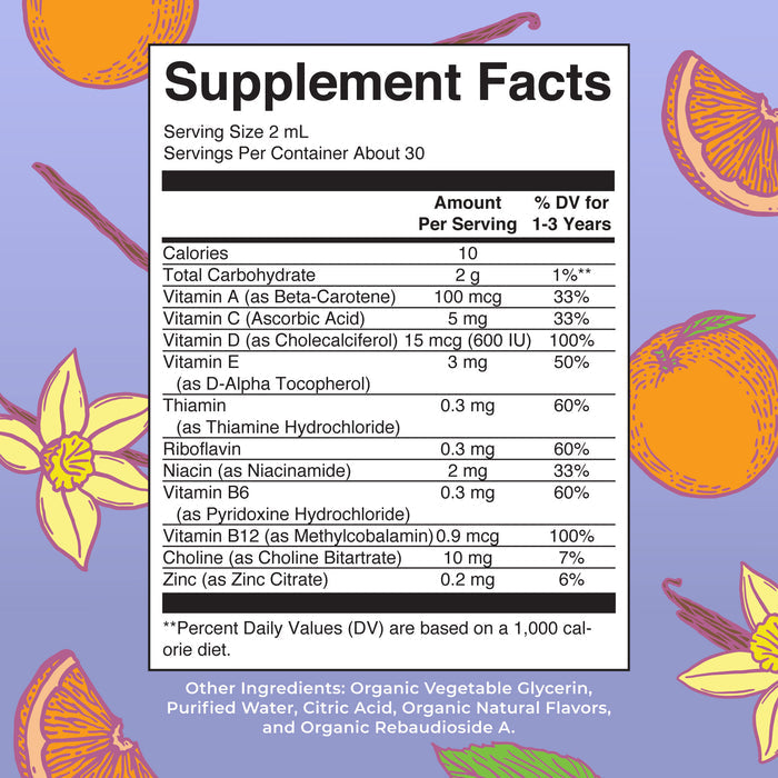 A supplement facts label showing nutrients and values on a purple background with orange slices and leaves. MaryRuths Toddler Multivitamin Drops feature organic vegetable glycerin, purified water, and natural flavors for immune support.