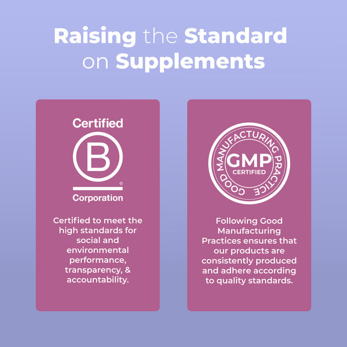 MaryRuths Toddler Multivitamin Drops feature a Certified B Corporation badge for accountability and a GMP Certified badge for quality—ideal immune support with trusted standards.