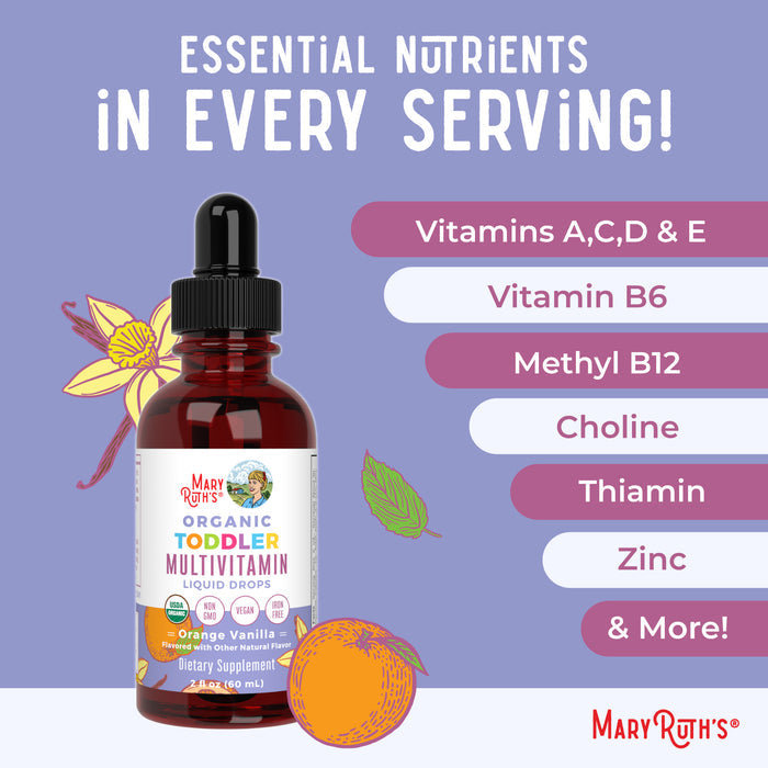 MaryRuth’s Toddler Multivitamin Drops in orange vanilla flavor provide a tasty way for toddlers to get essential nutrients and immune support from Vitamins A, C, D, E, B6, B12, choline, thiamin, zinc & more.