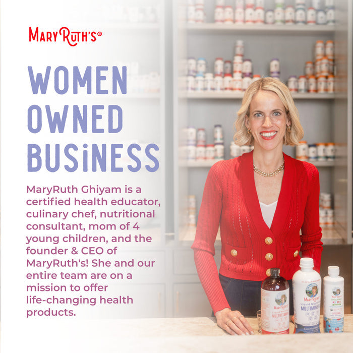 A smiling blonde woman in a red cardigan stands before shelves of health products. Text features MaryRuth Ghiyam, mom, CEO, and founder of women-owned MaryRuth’s, known for Toddler Multivitamin Drops and liquid multivitamin immune support.