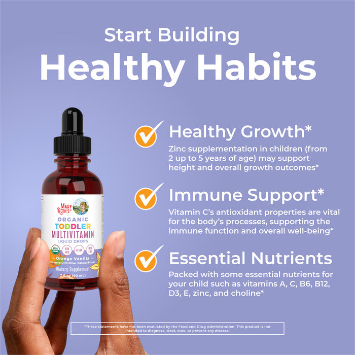 A hand holds a bottle of MaryRuths Toddler Multivitamin Drops against a purple background, with text showing benefits like healthy growth, immune support for toddlers, and essential nutrients in this liquid multivitamin.