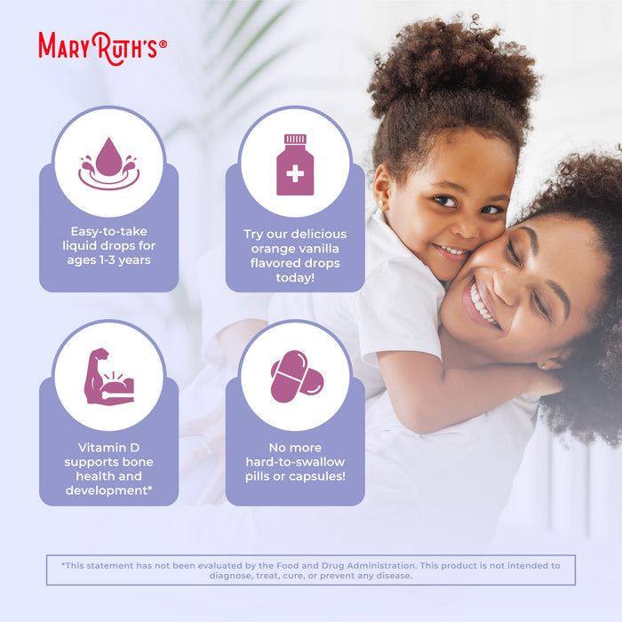 A smiling woman hugs a young girl as four icons showcase MaryRuth’s Toddler Multivitamin Drops: easy liquid, delicious vanilla flavor, vitamin D for bone & immune support, and no hard-to-swallow pills. The MaryRuth’s logo appears at the top left.