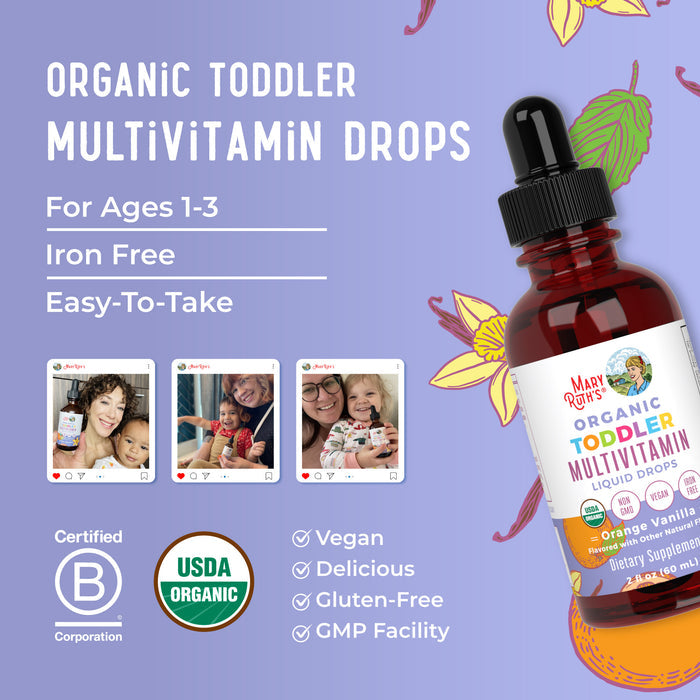A bottle of MaryRuths Toddler Multivitamin Drops appears on a purple background. Text emphasizes immune support, for ages 1-3, vegan, gluten-free, easy-to-take liquid drops, and USDA Organic certified. Smiling family photos are included.