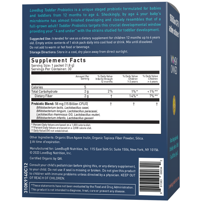The Lovebug Toddler Probiotics - 12 Months - 4 Yrs - Powder box highlights benefits for babies and toddlers, detailing Supplement Facts, ingredients, and usage. It is non-GMO, gluten-free, vegetarian, and supports baby gut health with L. rhamnosus GG.