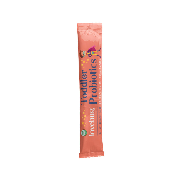 Lovebugs Toddler Probiotics - 12 Months - 4 Yrs - Powder stick pack has a clean, minimal design with charming cartoon images and star graphics. Infused with Tiny Tummies probiotic and L. rhamnosus GG, it supports gut health for children aged 12 months to 4 years.