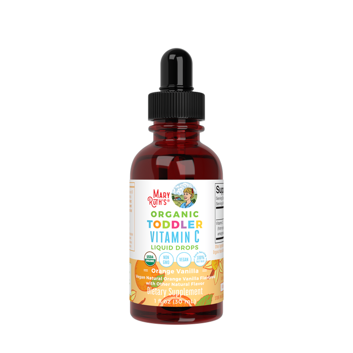 MaryRuths Toddler Vitamin C Drops come in a brown glass bottle with a black dropper cap. The colorful label highlights the Orange Vanilla flavor and features icons for non-GMO, vegan, and gluten-free benefits, supporting immune health for toddlers.