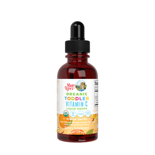 MaryRuths Toddler Vitamin C Drops come in a brown glass bottle with a black dropper cap. The colorful label highlights the Orange Vanilla flavor and features icons for non-GMO, vegan, and gluten-free benefits, supporting immune health for toddlers.