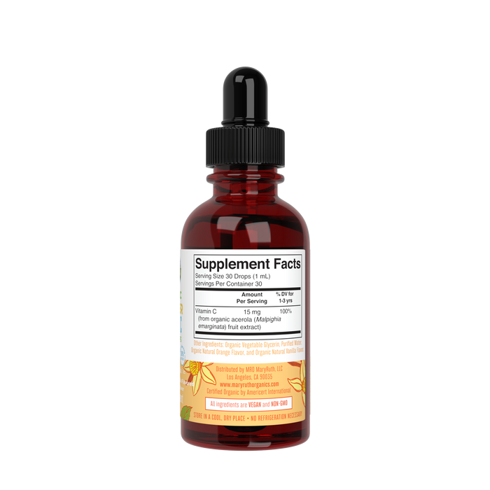 A 1 fl oz brown glass dropper bottle of MaryRuths Toddler Vitamin C Drops features a Supplement Facts label and black cap. It boasts organic, vegan ingredients that support the immune system, ideal for enhancing toddler health.