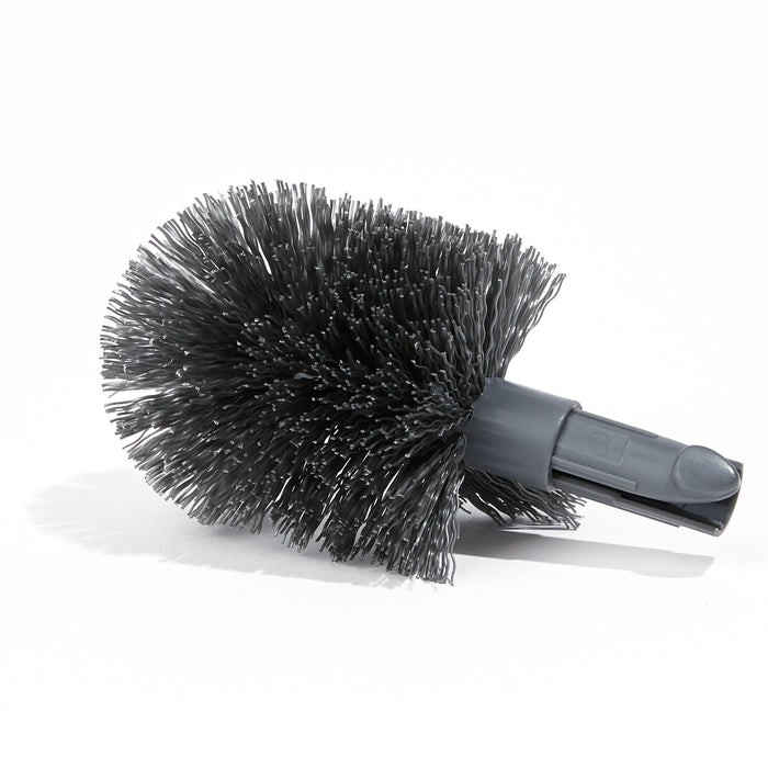 The Grove Co. Toilet Brush with Replaceable Head features dense bristles, a gray plastic handle made from recycled materials, and comes in black with a replaceable head for convenient cleaning, all set against a white background.