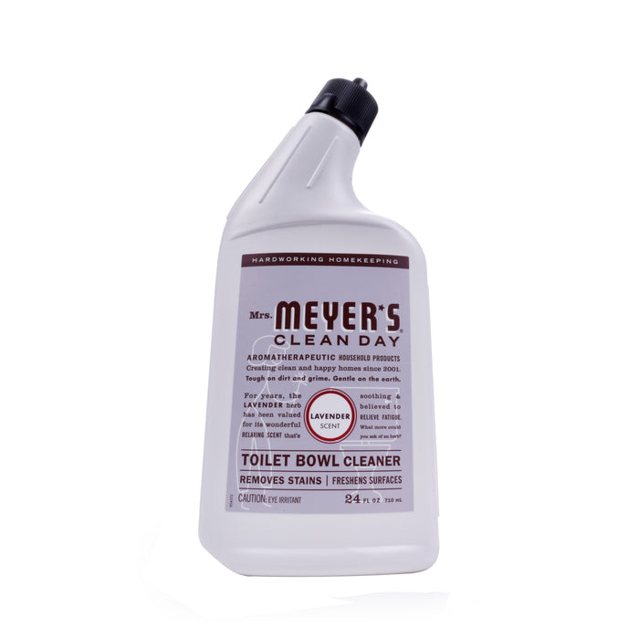 A bottle of Mrs. Meyers Toilet Cleaner is displayed with a lavender scent and essential oils for stain removal. It features a white bottle, black cap, and contains 24 fl oz (709 ml).