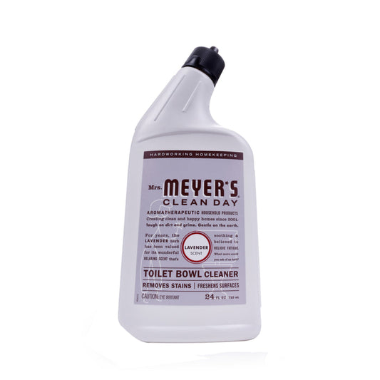 A bottle of Mrs. Meyers Toilet Cleaner is displayed with a lavender scent and essential oils for stain removal. It features a white bottle, black cap, and contains 24 fl oz (709 ml).