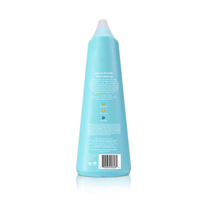 A turquoise method Toilet Cleaner bottle with a pointed nozzle is shown from the back. The label has white text, colored icons, and a barcode at the bottom. This antibacterial formula ensures effective toilet cleaning.
