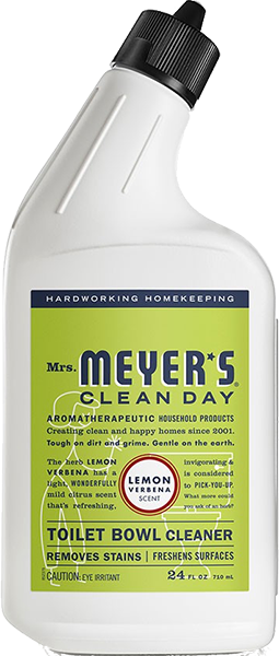 A 24 fl oz bottle of Mrs. Meyers Toilet Cleaner comes in a lemon verbena scent with essential oils, noted for its aromatherapeutic benefits. It effectively removes stains, refreshes surfaces, and includes a caution for potential eye irritation.