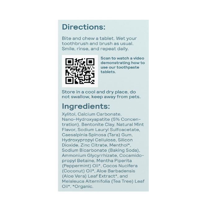 The Huppy Toothpaste Tablets Refill label instructs you to chew a tablet, wet your brush, and brush. Made with mint, aloe, and coconut oil for natural whitening. Scan the QR code for a demo video.